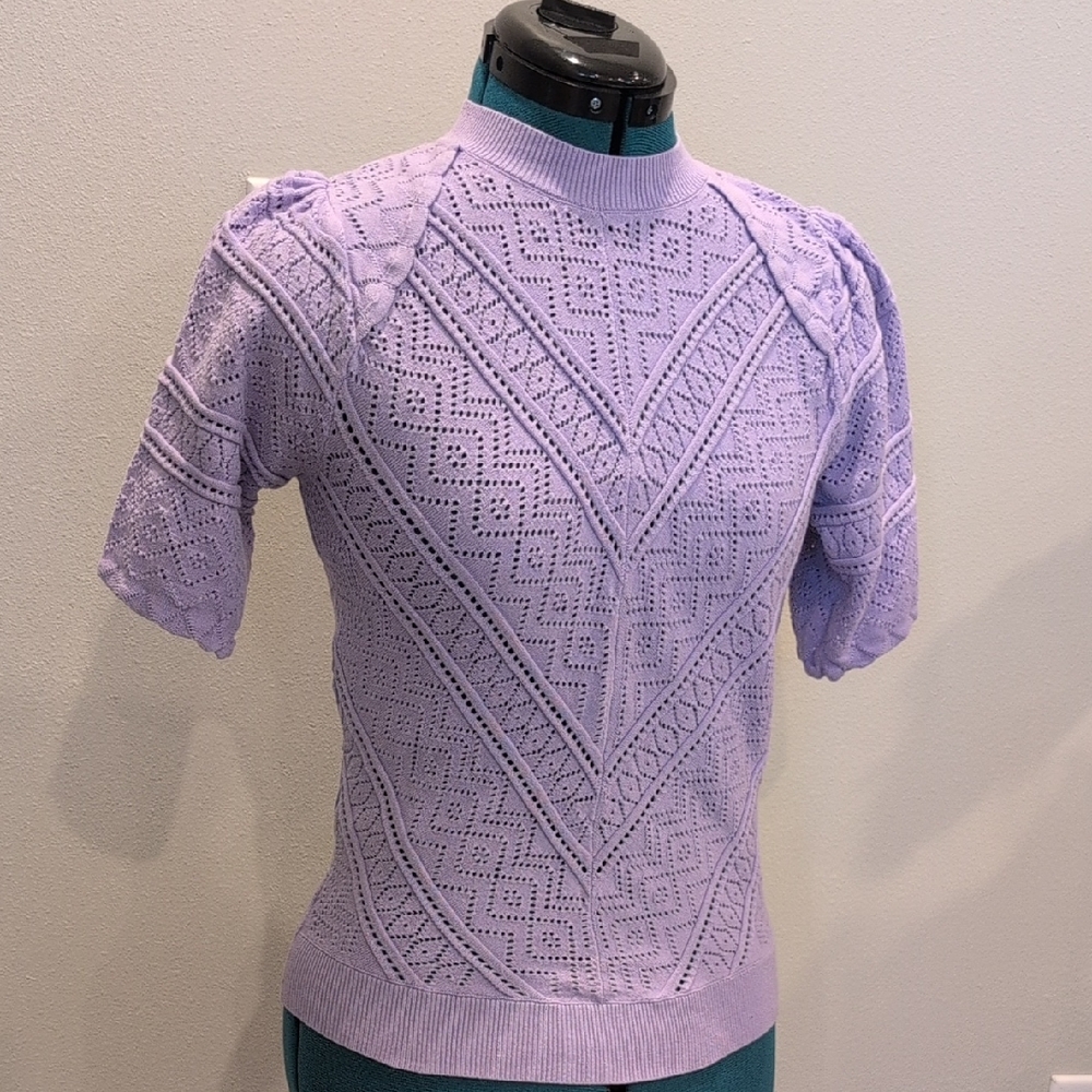 WHBM Purple Pointelle Bell Sleeve Blouse Sweater
